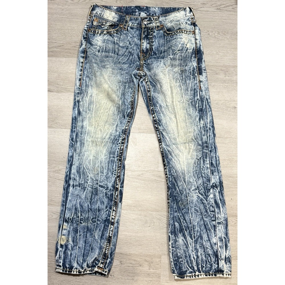 True Religion Acid Wash Jeans Men's Size 33x32 Blue Straight Leg Denim Pant Y2K